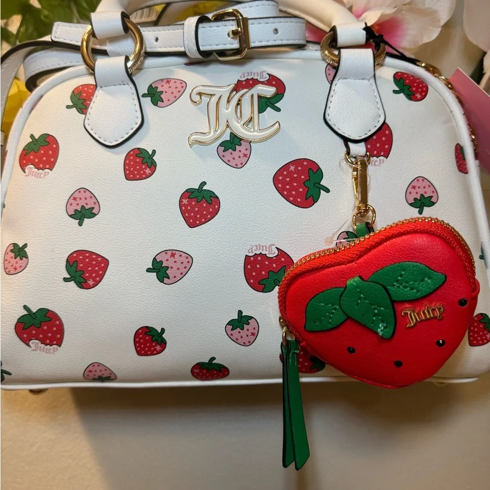 Juicy Couture White Strawberry Print Satchel with Red Strawberry Charm